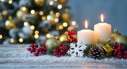 Festive holiday still life with glowing candles, ornaments, berries, and a Christmas tree in the background