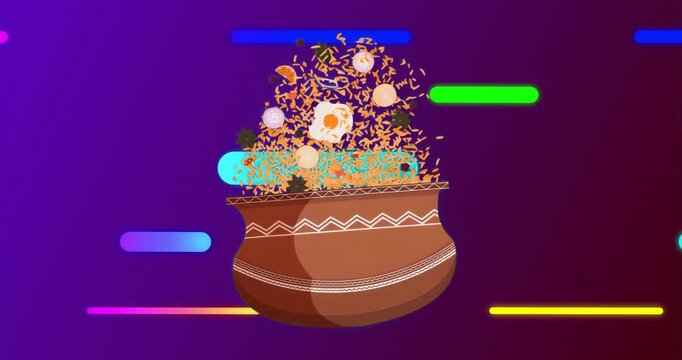 On start pot containing rice and egg halves with neon bars swirling illustrating ingredient mixing
