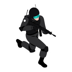 Isometric Illustration of a Soldier in Futuristic Combat Gear Running with a Weapon