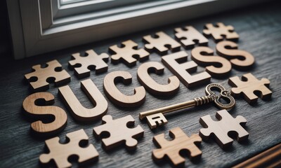 Wooden puzzle pieces forming the word "SUCCESS" with a vintage key, by a window