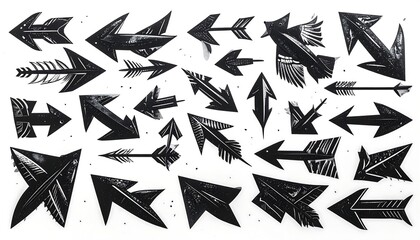 A diverse collection of stylized black arrows on a white background, showcasing varied designs and directions.