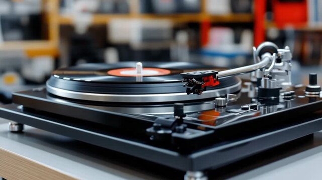 Classic turntable with vinyl record playing music in a modern home setting during the evening