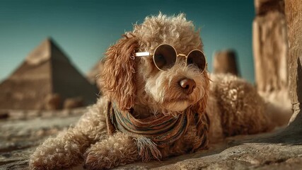 Cool Goldendoodle Dog Wearing Sunglasses and Scarf Lounging in the Egyptian Desert with Pyramids in the Background