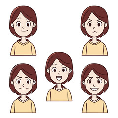 Cartoon girl expressive faces set female character