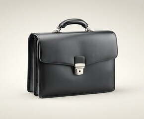 A sleek, black leather briefcase rests against a neutral background, showcasing refined craftsmanship and professional style.