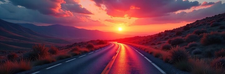 A winding road disappearing into a vibrant sunset, symbolizing the endless possibilities and adventures that await on life's journey Embrace the open road and the unknown , discovery, change