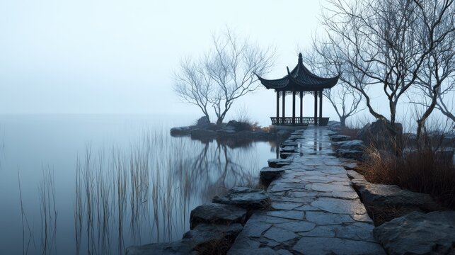 Serene misty lake landscape with traditional Asian wooden pavilion on stone path — calm water, foggy atmosphere, peaceful nature, zen garden, tranquil outdoor scene