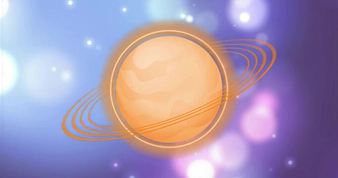 When animation starts, orange planet rotating with rings, orbs pulsing colors to evoke cosmic depth