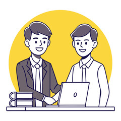 Obraz premium Two men shaking hands at desk with laptop and books business handshake
