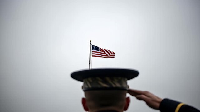 A United States soldier in dress uniform salutes the American national flag