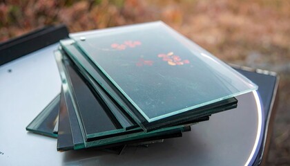 Stack of Frosted Glass Cards with Depth Blur and Soft Rim Lighting