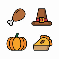 Thanksgiving icons featuring turkey leg pumpkin pie and pilgrim hat