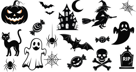 Black and white halloween themed vector illustration with spooky elements and decorations