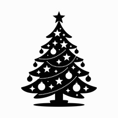 Black silhouette of a decorated christmas tree with stars and ornaments