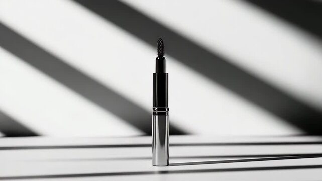 High quality black mascara tube showcased against dramatic shadows in a modern setting