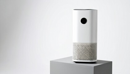 A modern cylindrical smart speaker with a textured base and central black panel, placed on a round pedestal against a light background