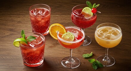 Colorful Refreshing Cocktails with Fruits and Ice on Wooden Table