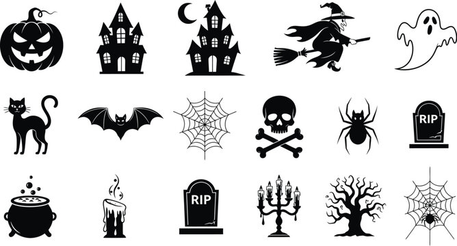 A collection of halloween themed icons including a pumpkin, witch, and haunted houses in black and white