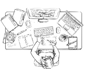 Creative workspace overhead view, designer working on tablet, vector illustration style, modern office