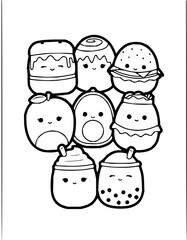 Adorable coloring page featuring a cute assortment of treats and food characters for creative fun