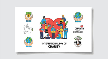 International day of charity poster with people and symbols of giving and support for others