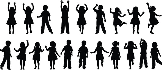 Children silhouettes, kids playing poses, jumping and dancing, active childhood, group activity, playful movement, happy kids, fun action, energetic youth, recreation vector illustration