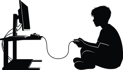 Black and white silhouette, gamer playing video game, sitting on floor, holding controller, connected to console, monitor on desk, gaming setup illustration, vector art ©  Creative Crafter