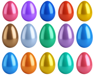 Easter egg hunt multiple color eggs arranged in rows against a solid background. For seasonal ads