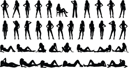 Human poses silhouette, standing and reclining positions, male figure, body posture set, black vector, isolated design, art reference, modeling, animation, movement illustration