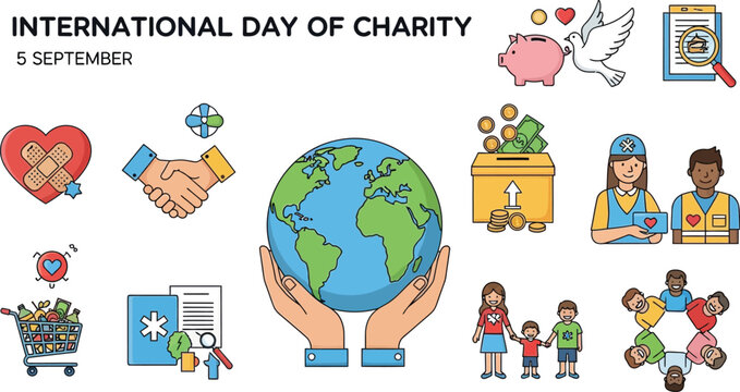 International day of charity illustration featuring various charitable icons and symbols