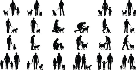 People with dogs silhouettes, adults and children walking, playing, petting, family and pet interaction vector illustration, animal companionship graphic set