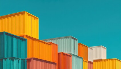 Fototapeta premium Vibrant stacked shipping containers, various colors against a clear sky, creating a striking visual composition.