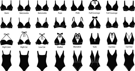 Women’s swimwear styles, bikini tops and one‑piece silhouettes, fashion vector illustration, demi, balconette, plunge, padded, full coverage, monokini, tank, cut‑out designs