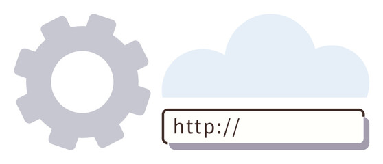 Gear beside a cloud with an HTTP URL bar signifying cloud setup, configuration, and web connection. Ideal for cloud computing, server setup, technology, web development, online tools, IT services