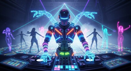Immersive cyberpunk club experience with robot DJ and holographic dancers, perfect for futuristic events, virtual concerts, and metaverse promotions, creating a dynamic and vibrant atmosphere