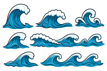 Set of ocean wave illustrations in a cartoon, Japanese style. Collection of various sea waves, surf, and tsunami icons. Vector clipart for nautical and marine design.
