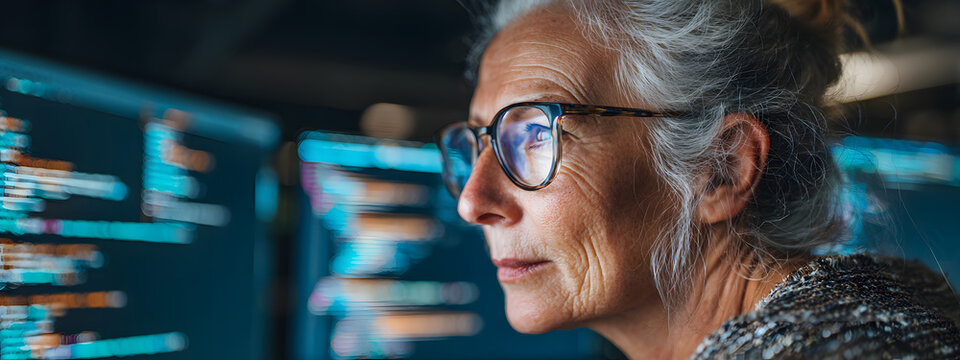 Focused older individual in glasses working on compuer looking at programming ode data. Older individual navigate technology. Cybe security digital tech refecting. Banner. GenerativeAi content