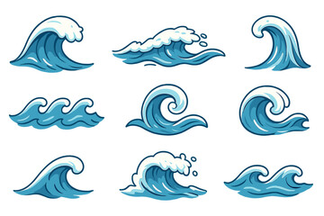 Fototapeta premium Wave vector illustration set. Ocean sea water waves collection. Cartoon surf icons. Summer tidal storm splash symbol. Nature liquid aqua flow design element. Graphic isolated.