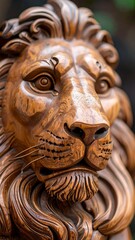 Fototapeta premium Close-up view of intricate wood carving, a detailed lion's head, showcasing deep textures and rich warm tones.