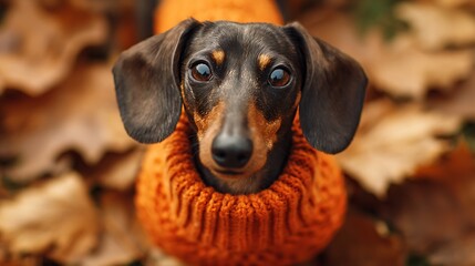 dachshund dog in orange knitwear amid fall leaves