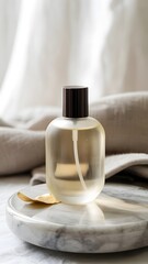 Yellow perfume in sunlight reflects off marble, draped fabric background. Product photography, social media, branding.