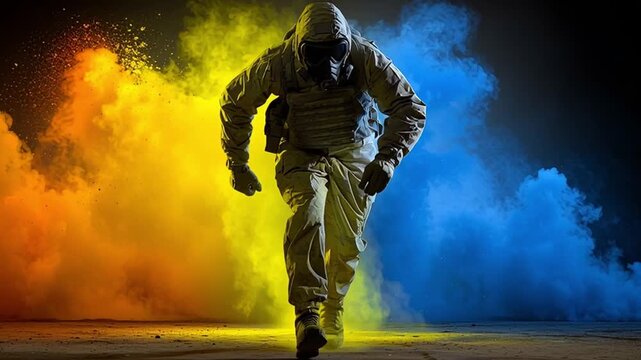 A lone figure in hazmat suit sprints fearlessly through vibrant clouds of colored smoke, embodying resilience in a time of uncertainty.