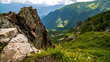 Mountain vista with rocks and wildflowers