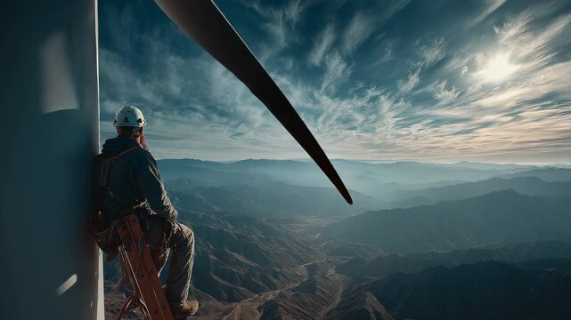 Wind Turbine Technician Inspecting Rotor Blade with Mountain Vista, Renewable Energy Job Safety, Sustainable Power Generation, Clean Technology