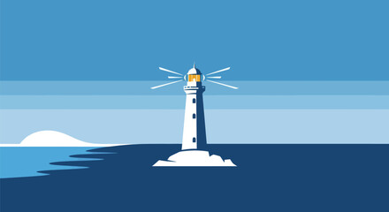 A tall white lighthouse tower shining its guiding light.