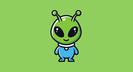 Cute green cartoon alien character with big eyes and antennae.