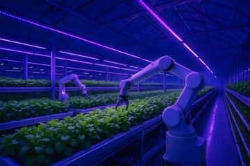 Indoor vertical farm with using AI robotics and LED lighting to grow leafy greens indoors