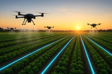 Smart agriculture drones spraying crops at sunrise over a field with high-tech irrigation systems