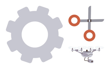 Obraz premium Grey gear, scissors with orange handles, and a quadcopter Quadcopter highlight themes of technology, creativity, and innovation. Ideal for engineering, DIY, robotics, modern tools industrial progress