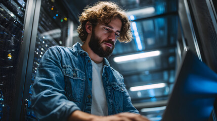 Server engineer, Caucasian IT professional admin usig laptop computer doing daa transfer operation with ack server cabinets in digtal room of data center. Cber security.